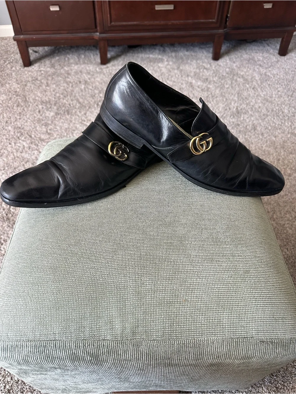 Gucci Black Leather Loafers with Gold Double G Hardware